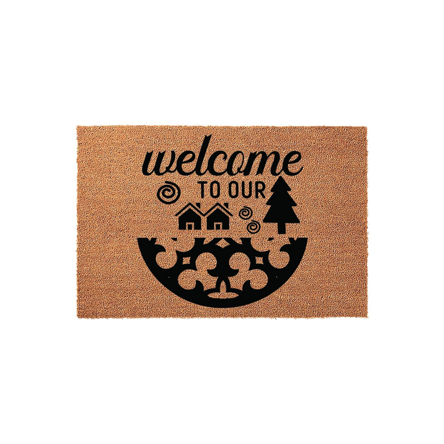Welcome to our home coir doormat featuring a rustic house and pine tree design with a decorative semi-circle pattern, providing a natural fiber entryway rug that adds a charming and inviting touch to your front porch decor.