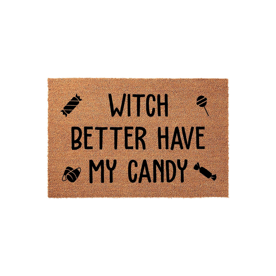 Witch Better Have My Candy Halloween doormat made of natural coir fiber, featuring bold black text and cute candy illustrations on a rectangular mat, perfect for adding a fun and festive touch to your front porch decor this fall