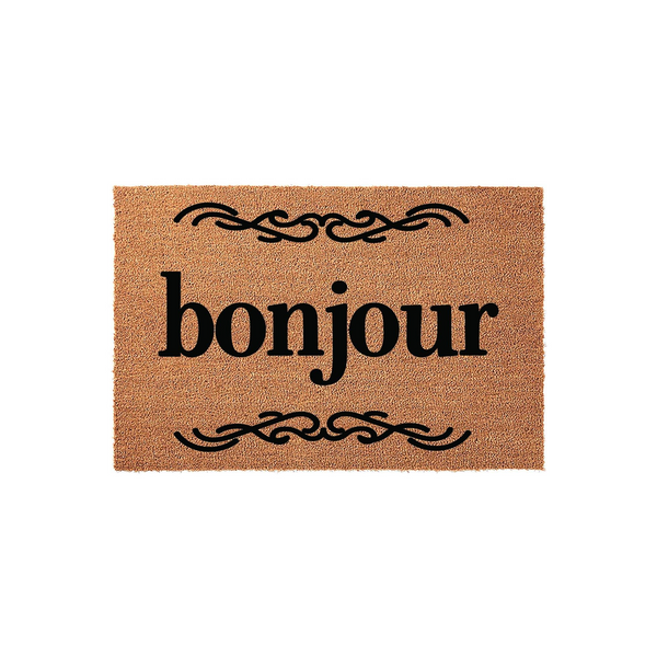 Bonjour coir doormat featuring a natural tan fiber texture with the word bonjour printed in bold black lettering, accented by elegant decorative scrollwork flourishes above and below the text on a clean white studio background.