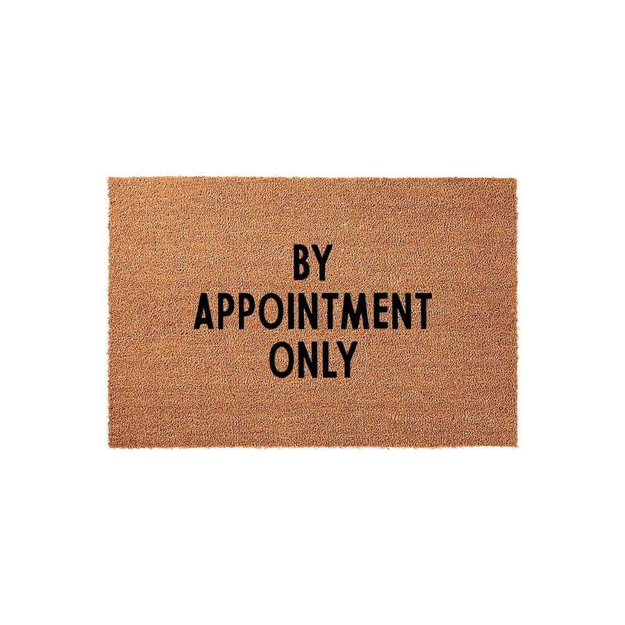 By Appointment Only coir doormat featuring a natural brown fiber texture and bold black lettering centered on the mat, providing a professional and clear message for your front porch or business entryway on a clean white