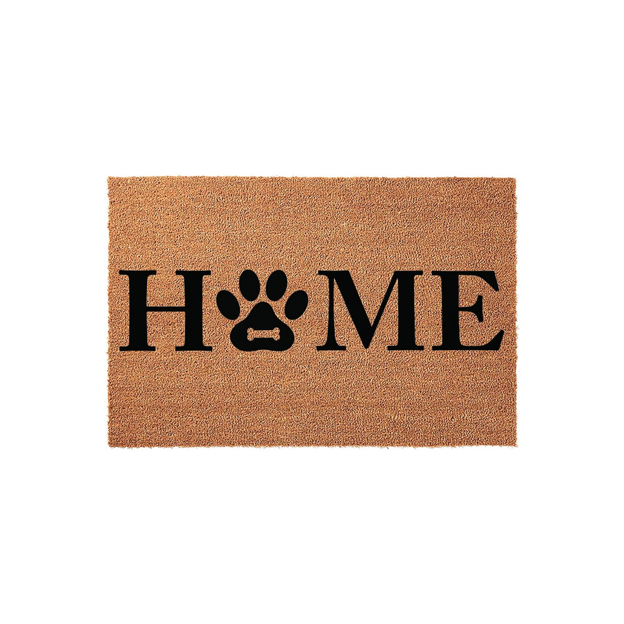 Dog Paw Print Home Coir Doormat featuring a natural tan fiber texture with bold black lettering, where the letter O is replaced by a cute paw print design that includes a small bone shape in the center for a pet-friendly entryway
