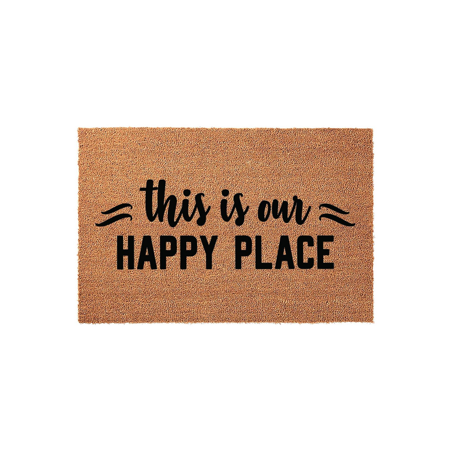 This is our Happy Place coir doormat features a natural tan fiber texture with bold black lettering centered on the mat, creating a welcoming front porch decor piece that adds a cozy touch to any home entryway or front door area.