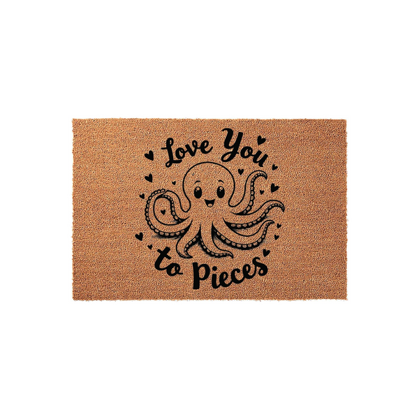 Love You to Pieces octopus coir doormat featuring a cute illustrated sea creature surrounded by small hearts on a natural brown fiber background, making a charming and whimsical addition to any home entryway or front porch decor.