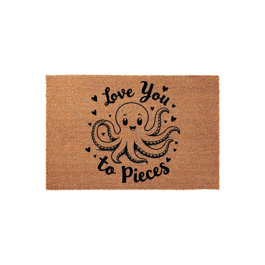 Love You to Pieces octopus coir doormat featuring a cute illustrated sea creature surrounded by small hearts on a natural brown fiber background, making a charming and whimsical addition to any home entryway or front porch decor.