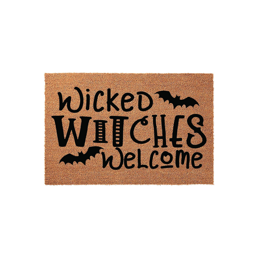 Wicked Witches Welcome Halloween doormat made of natural coir fiber, featuring black printed text and bat silhouettes on a plain white background for a festive seasonal entryway decoration that greets guests with spooky holiday