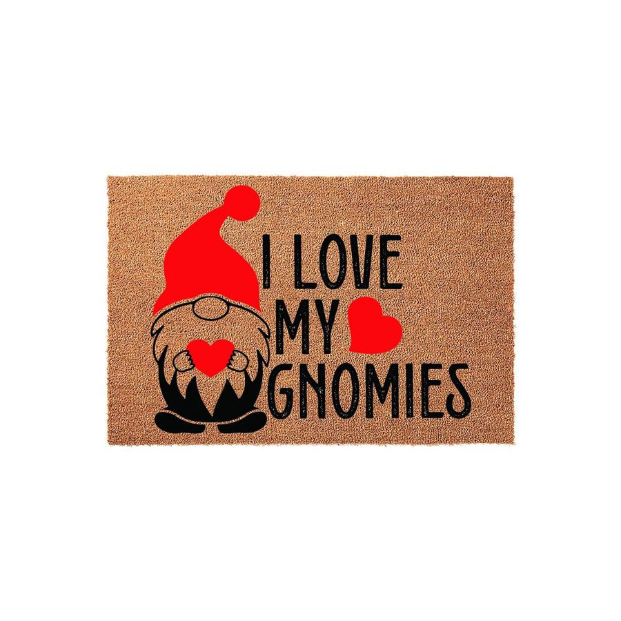 I Love My Gnomies coir doormat featuring a cute gnome illustration wearing a red hat and holding a heart, set against a natural brown fiber background with bold black text for a fun and welcoming front porch entryway decoration.
