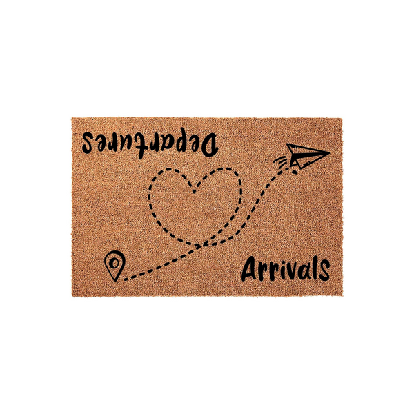 Travel Themed Coir Doormat featuring a whimsical heart-shaped flight path connecting a location pin and a paper airplane, with the words Departures and Arrivals printed in a bold black font on a natural textured brown background.