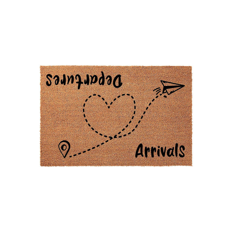 Travel Themed Coir Doormat featuring a whimsical heart-shaped flight path connecting a location pin and a paper airplane, with the words Departures and Arrivals printed in a bold black font on a natural textured brown background.
