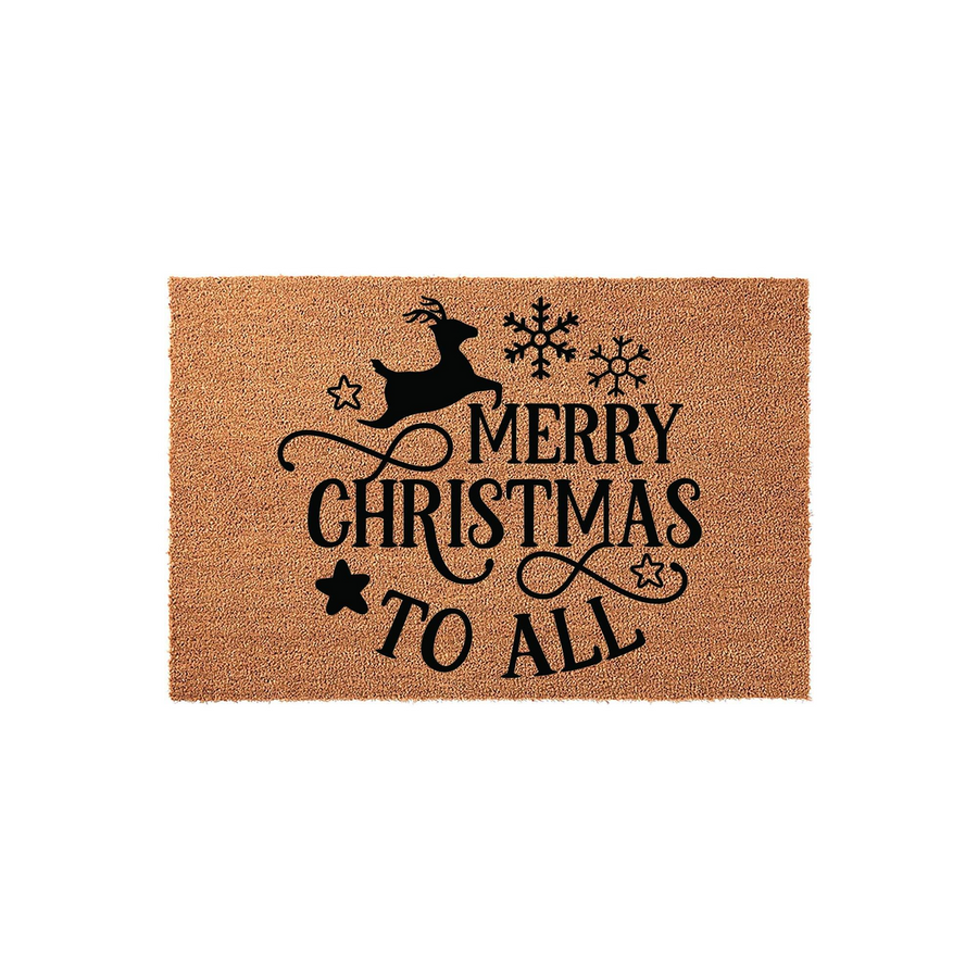 Merry Christmas to All coir doormat featuring a black silhouette of a leaping reindeer, snowflakes, and stars printed on a natural brown fiber background, creating a festive holiday entryway decor piece for your front porch.