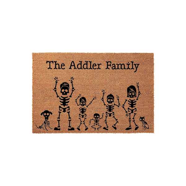 Personalized Halloween family doormat featuring a custom family name and a fun illustration of skeleton figures, including parents, children, and pets, printed on a natural tan coir fiber mat against a clean white background.