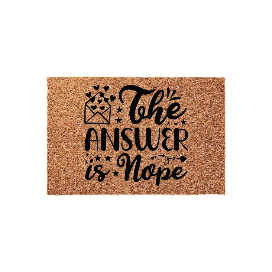 Funny The Answer Is Nope doormat featuring a natural coir texture and bold black typography, accented by a small envelope icon with floating hearts to create a humorous and welcoming entrance for your front porch or home entryway.