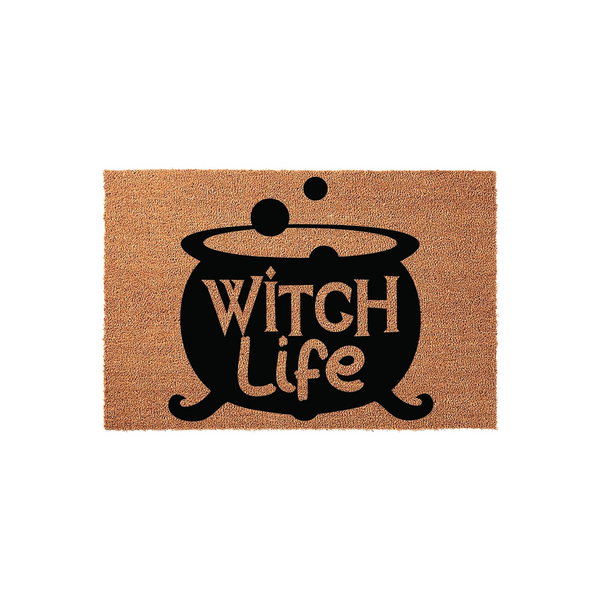 Witch Life Halloween doormat featuring a black cauldron graphic printed on a natural coir fiber mat, creating a festive and spooky entryway decor piece that is perfect for celebrating the fall season at your front door.