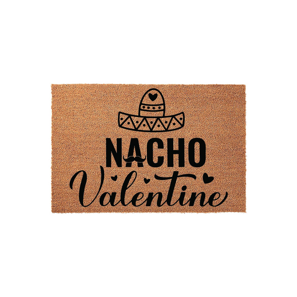 Nacho Valentine coir doormat featuring a black graphic of a sombrero with a heart and a mustache, set against a natural brown textured fiber background for a fun and festive holiday home entryway decor piece that welcomes your