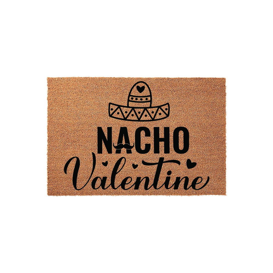 Nacho Valentine coir doormat featuring a black graphic of a sombrero with a heart and a mustache, set against a natural brown textured fiber background for a fun and festive holiday home entryway decor piece that welcomes your