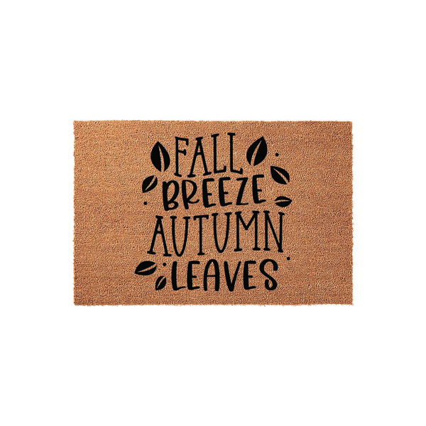 Fall Breeze Autumn Leaves coir doormat featuring a natural brown fiber texture and black printed text with decorative leaf accents, creating a festive seasonal welcome for your front porch entryway during the crisp autumn months.