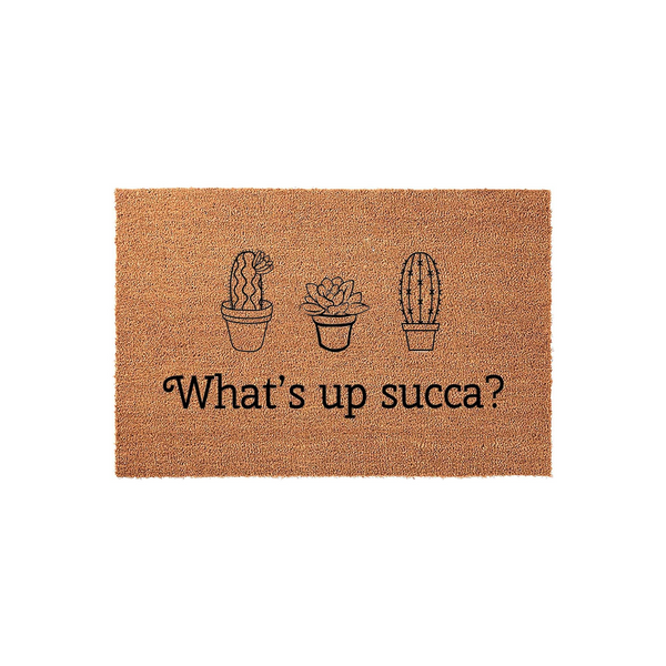 Funny Succulent Cactus Doormat featuring a natural coir texture with three potted plant illustrations and the playful text What is up succa printed in black, making it a charming and humorous welcome mat for any plant lover home