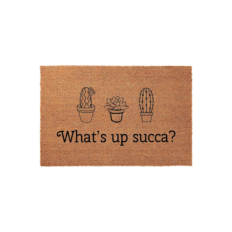 Funny Succulent Cactus Doormat featuring a natural coir texture with three potted plant illustrations and the playful text What is up succa printed in black, making it a charming and humorous welcome mat for any plant lover home