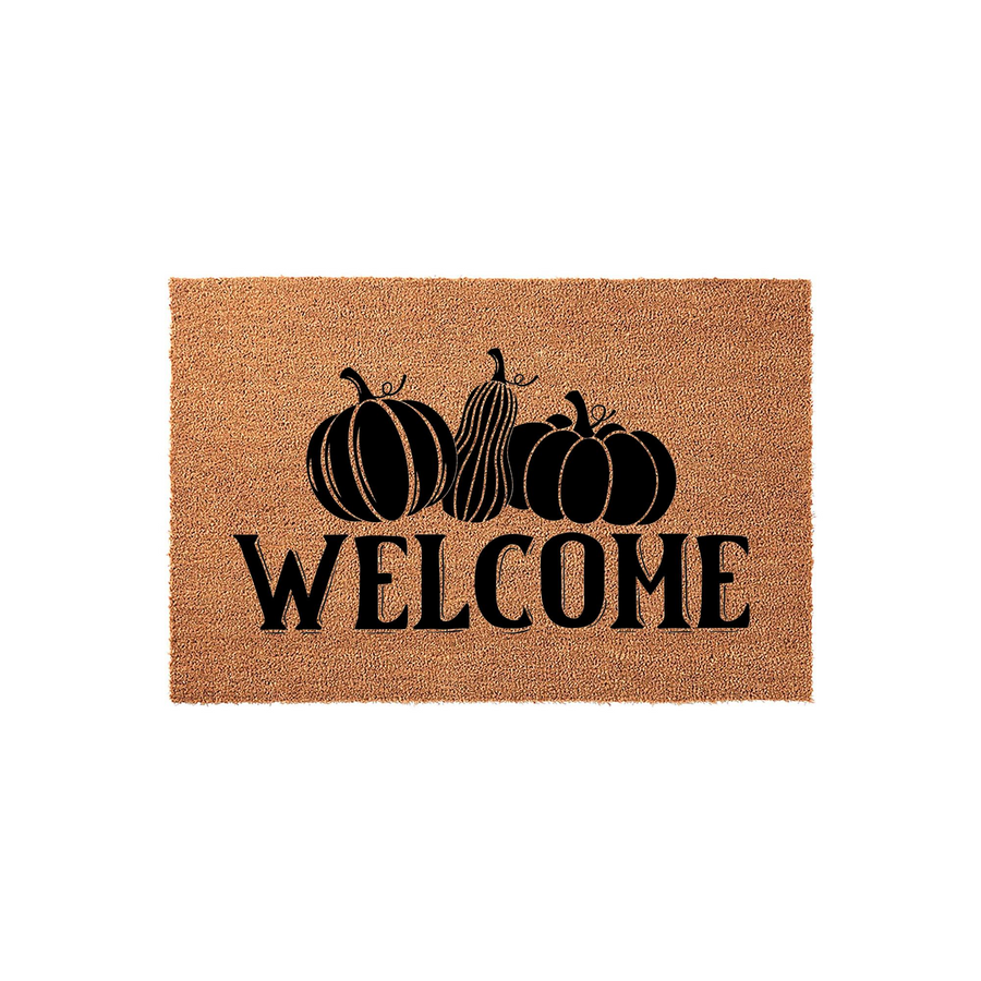 Fall Pumpkin Welcome Doormat featuring a natural coir fiber texture with a black printed design of three pumpkins and the word Welcome, creating a festive autumn entryway decor piece for your front porch or home entrance.