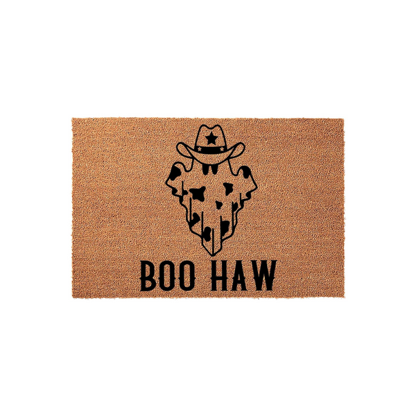 Boo Haw Halloween doormat featuring a cute ghost wearing a cowboy hat with a cow print pattern, printed in black on a natural brown coir fiber mat, perfect for adding a fun western touch to your front porch decor this spooky