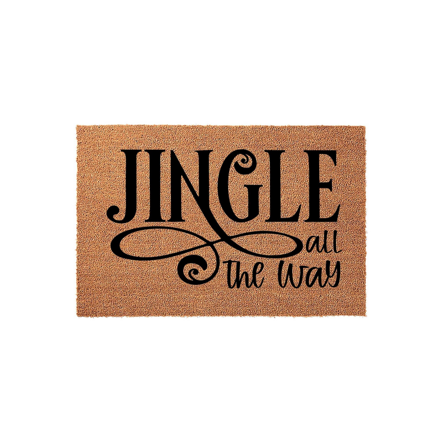 Jingle All The Way Christmas Doormat featuring a natural coir fiber texture with bold black typography that reads Jingle all the way in a festive script style, perfect for adding holiday cheer to your front porch entryway decor.