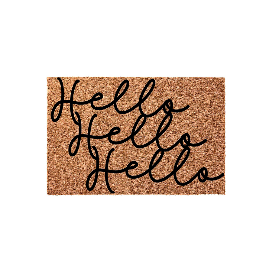 Hello Hello Hello Coir Doormat featuring a natural tan fiber texture and bold black cursive lettering, creating a welcoming entrance piece for your front porch or home entryway that adds a modern touch to your outdoor decor.