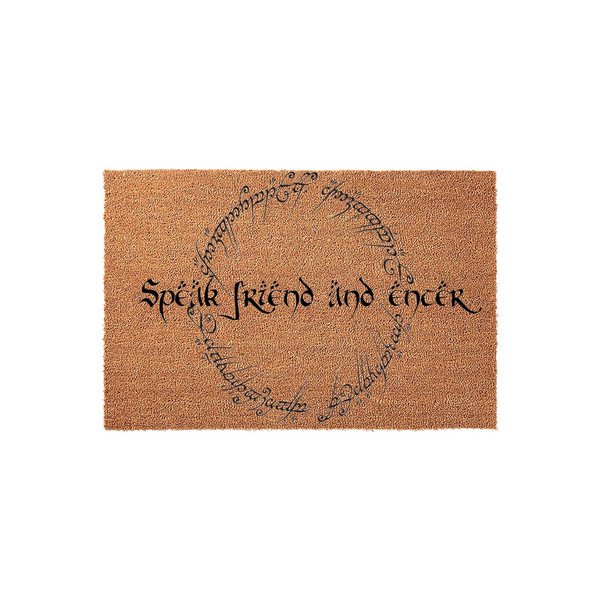 Speak Friend and Enter doormat featuring a natural coir fiber texture and black ink lettering in a fantasy-inspired script, designed with a circular elvish-style border that adds a touch of magic to any home entryway or front