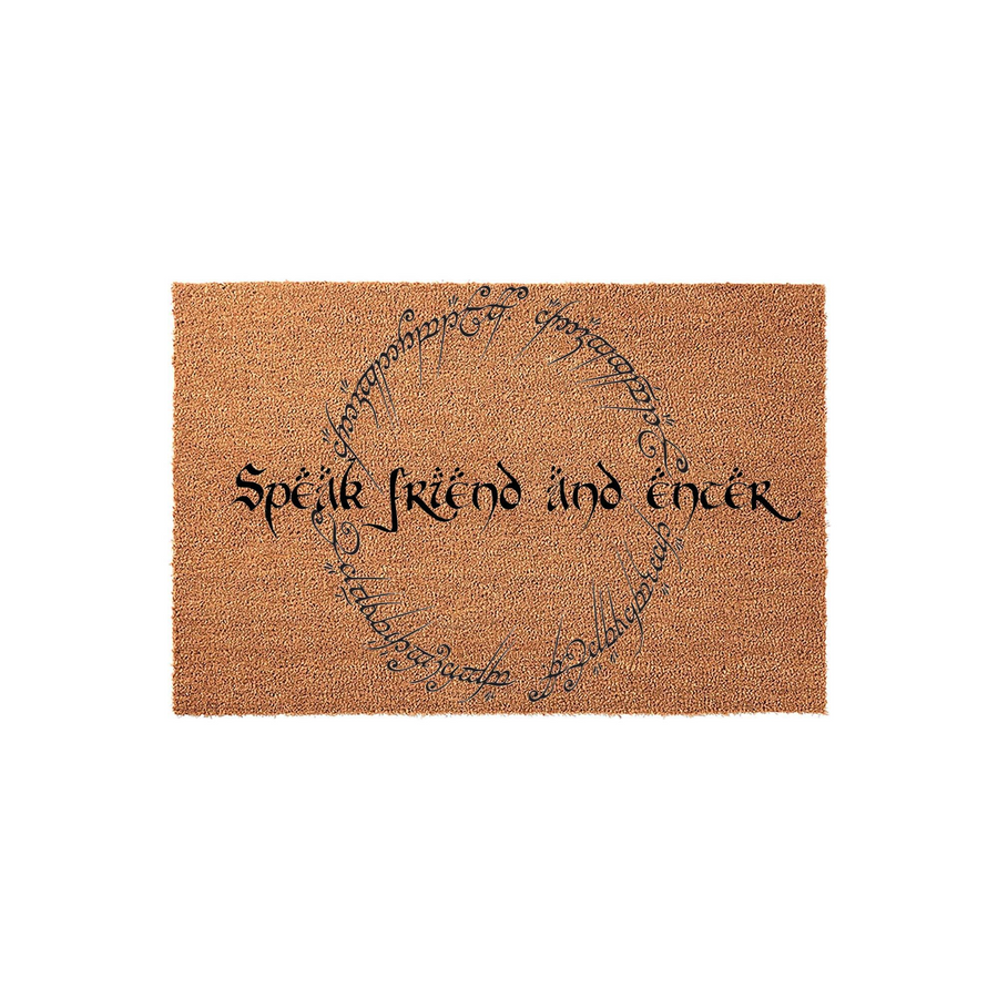 Speak Friend and Enter doormat featuring a natural coir fiber texture and black ink lettering in a fantasy-inspired script, designed with a circular elvish-style border that adds a touch of magic to any home entryway or front