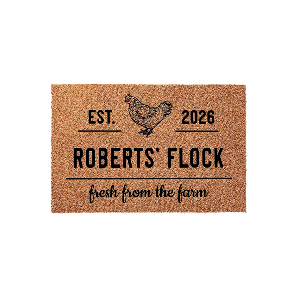 Personalized Chicken Farm Doormat featuring a rustic illustration of a hen, the text Roberts Flock, and the phrase fresh from the farm printed on a natural tan coir fiber mat against a clean white studio background for a