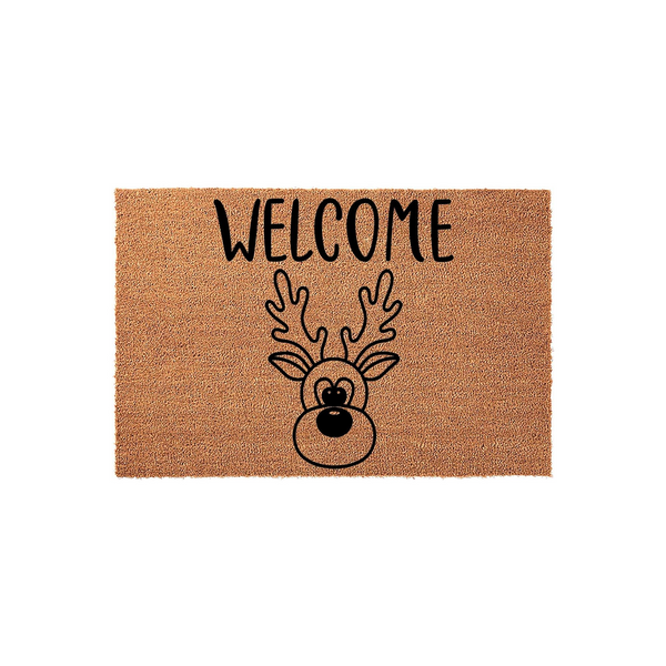 Reindeer Welcome Doormat featuring a natural coir texture with a black printed design of a cute cartoon reindeer face and the word Welcome centered above, creating a festive holiday entryway decor piece for your front porch.