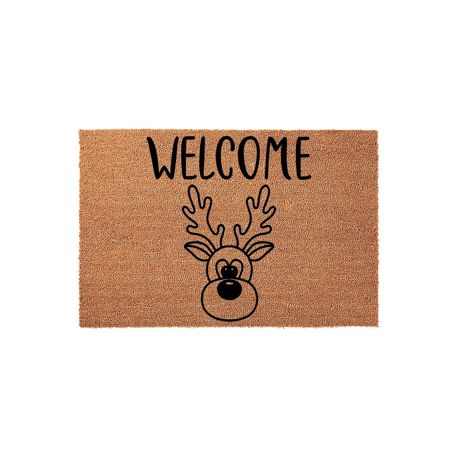 Reindeer Welcome Doormat featuring a natural coir texture with a black printed design of a cute cartoon reindeer face and the word Welcome centered above, creating a festive holiday entryway decor piece for your front porch.