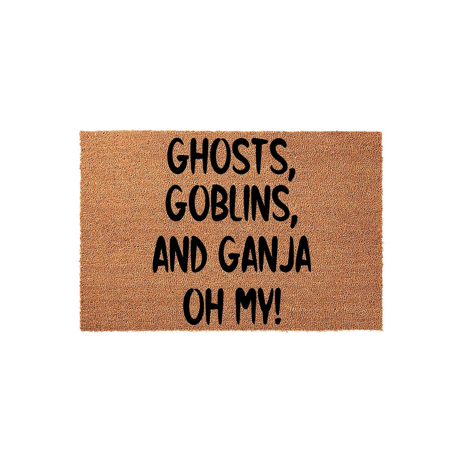Funny Halloween doormat made of natural coir fiber featuring the bold black text Ghosts, Goblins, and Ganja Oh My, providing a humorous and festive seasonal welcome for your front porch entryway during the spooky autumn holiday