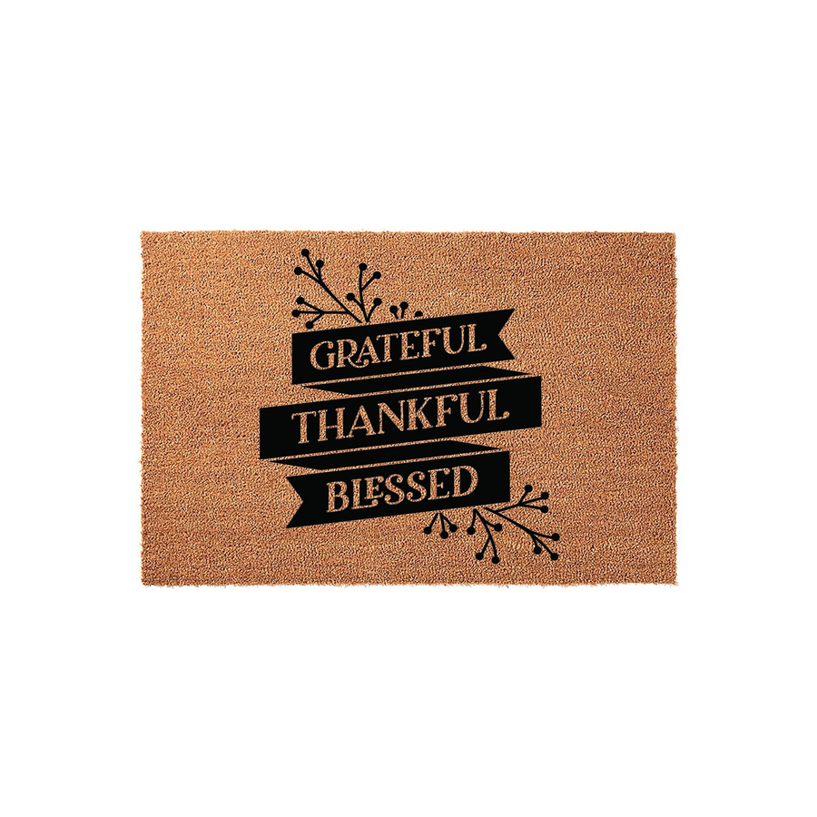 Grateful Thankful Blessed coir doormat featuring a natural brown fiber texture with black printed banners and decorative branch accents, creating a welcoming farmhouse style entrance piece for your home front porch or entryway