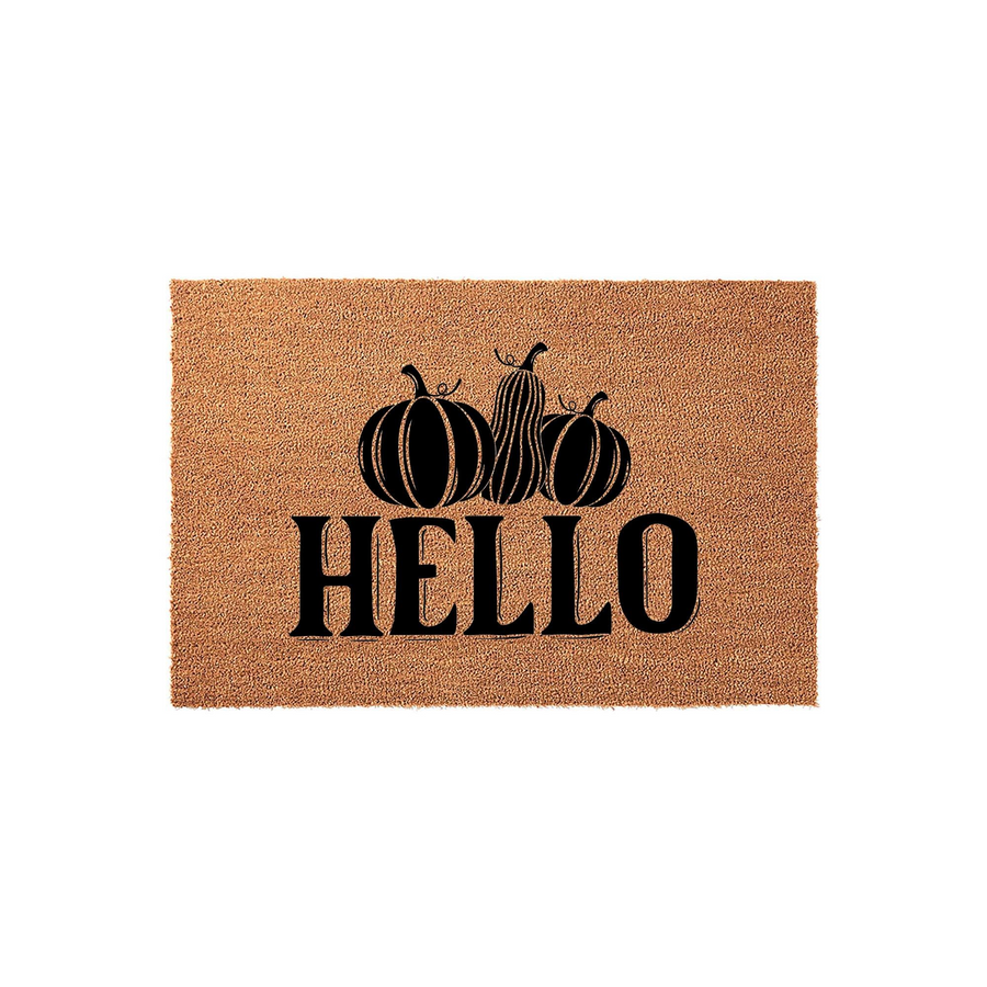 Hello Pumpkin Fall Coir Doormat featuring a natural brown fiber texture with a black printed design of three pumpkins and the word Hello, creating a festive autumn entryway decoration for your front porch or home entrance.