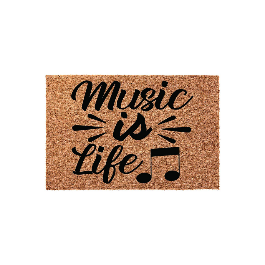 Music Is Life coir doormat featuring bold black typography and a musical note icon printed on a natural brown textured fiber surface, creating a welcoming entryway decor piece for any musician or music lover home.