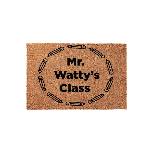 Personalized Teacher Classroom Doormat featuring a natural coir texture with a black printed design of pencils arranged in a circle around the custom text, creating a welcoming entrance for a school classroom or teacher office