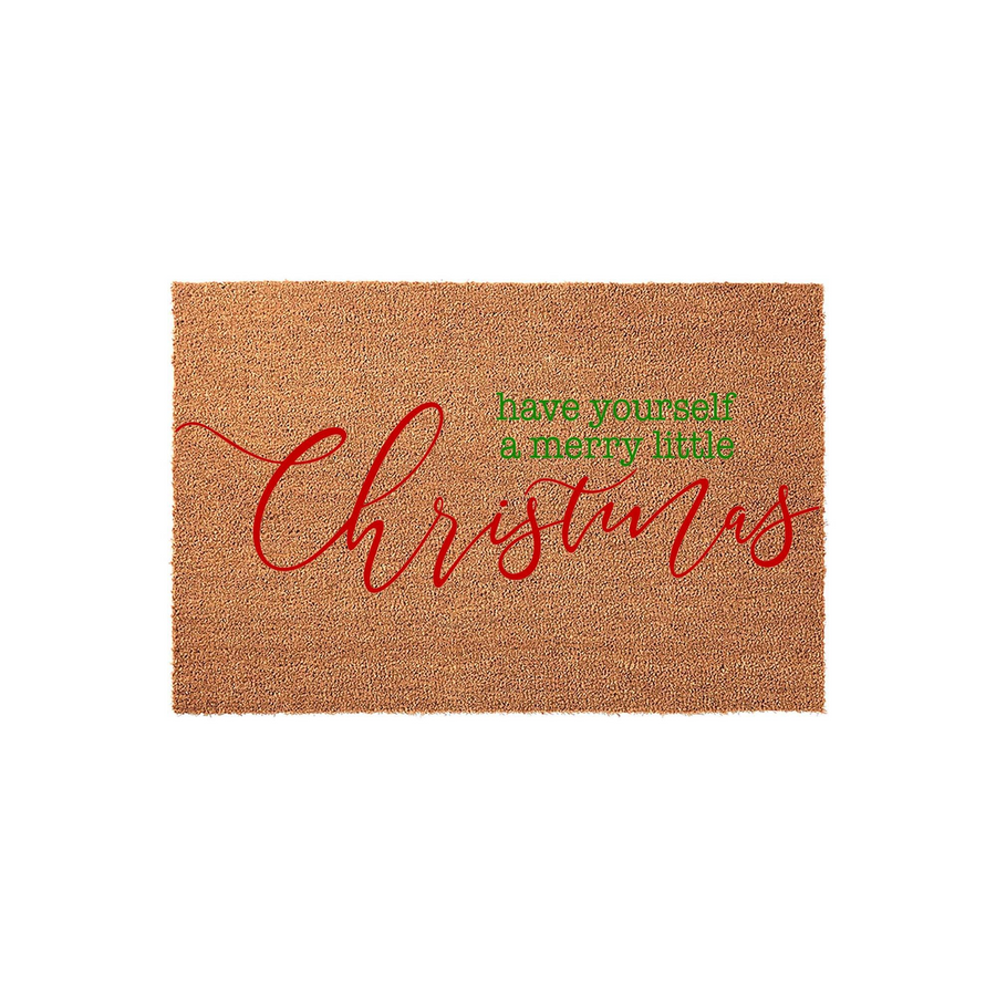 Have Yourself a Merry Little Christmas coir doormat featuring festive red and green script lettering on a natural brown fiber background, creating a welcoming holiday entrance for your home during the winter season.