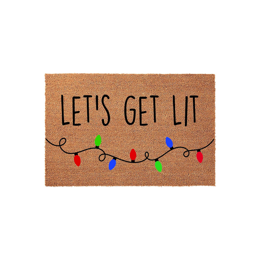 Lets Get Lit Christmas Doormat featuring a natural coir texture with black text and a colorful string of holiday lights printed across the bottom, creating a festive and humorous entryway decoration for the winter holiday season.