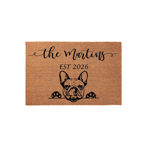 Personalized French Bulldog coir doormat featuring a cute dog illustration peeking over a line, customized with a family name and established year on a natural brown textured fiber background for a welcoming home entryway decor.