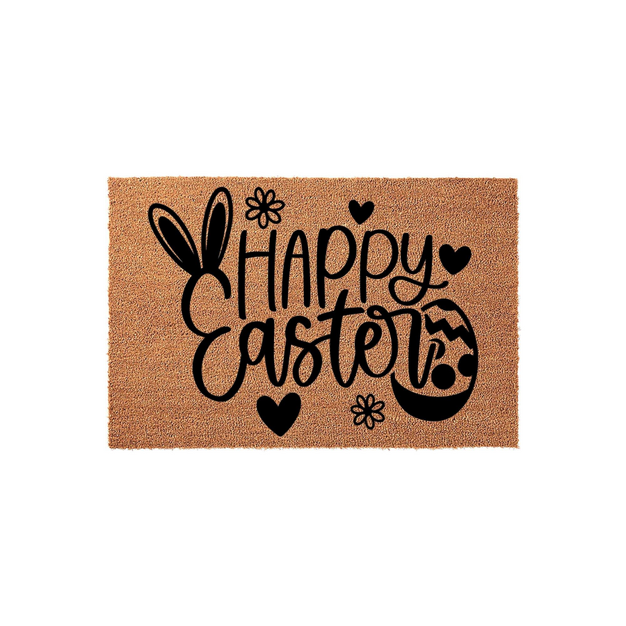 Happy Easter coir doormat featuring black text, bunny ears, a decorated egg, and small flower and heart accents on a natural tan fiber background, creating a festive spring entryway decor piece for your front porch or home