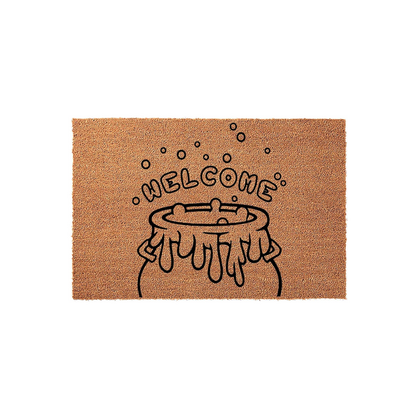 Halloween Welcome Doormat featuring a black line art illustration of a bubbling witch cauldron on a natural coir fiber background, creating a festive and spooky entryway decor piece for the fall season and trick or treaters.