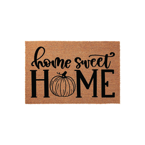 Fall Pumpkin Home Sweet Home Doormat featuring a natural coir texture with black lettering and a pumpkin graphic replacing the letter O, creating a festive autumn entryway decor piece for your front porch or house entrance.