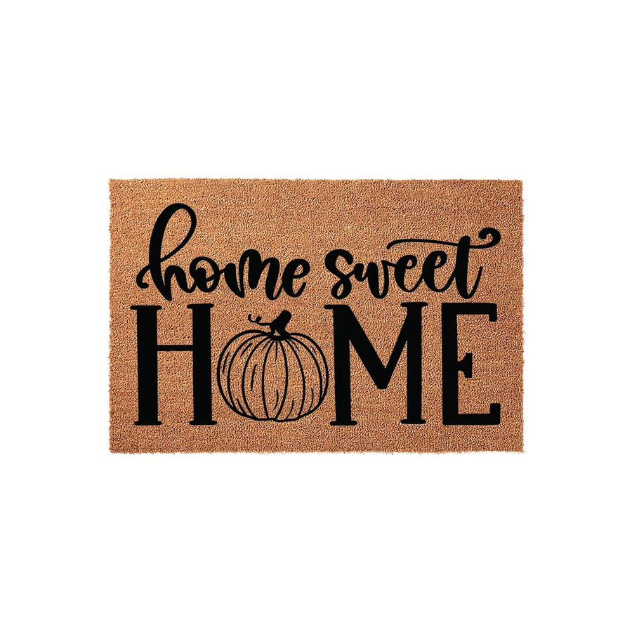 Fall Pumpkin Home Sweet Home Doormat featuring a natural coir texture with black lettering and a pumpkin graphic replacing the letter O, creating a festive autumn entryway decor piece for your front porch or house entrance.