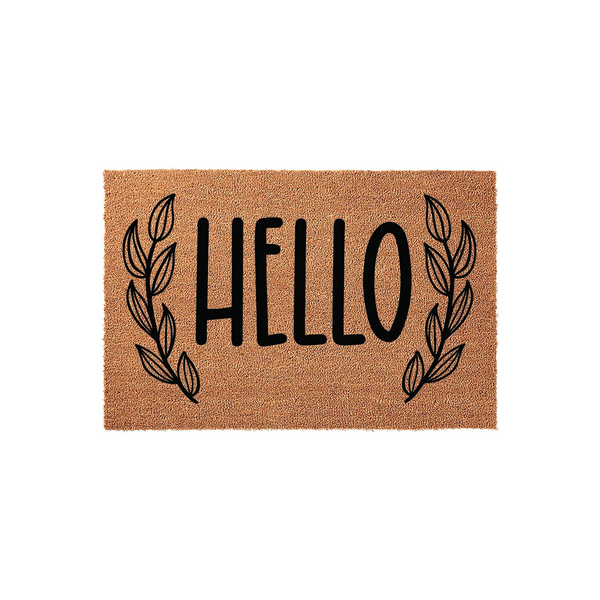 Hello coir doormat featuring a natural tan fiber texture with black printed text in the center, flanked by elegant black leaf branch illustrations on both sides for a modern farmhouse entryway decor style on a plain white