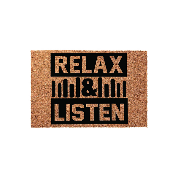 Relax and Listen music doormat featuring a natural coir fiber texture with bold black text and a sound wave graphic centered on the rectangular mat, creating a fun and inviting entrance for any music lover's home or studio space.