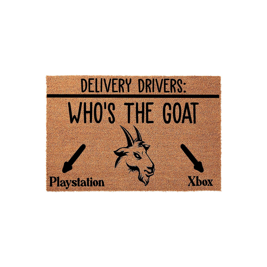 Funny Gamer Doormat featuring a goat illustration and text asking delivery drivers who is the goat between Playstation and Xbox, printed on a natural coir fiber mat with a clean white background for a humorous front porch