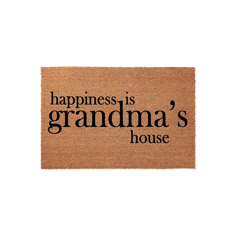 Grandma's House Coir Doormat featuring a natural brown fiber texture and bold black lettering that reads happiness is grandma's house, making it a charming and welcoming addition to any front porch or entryway for a beloved