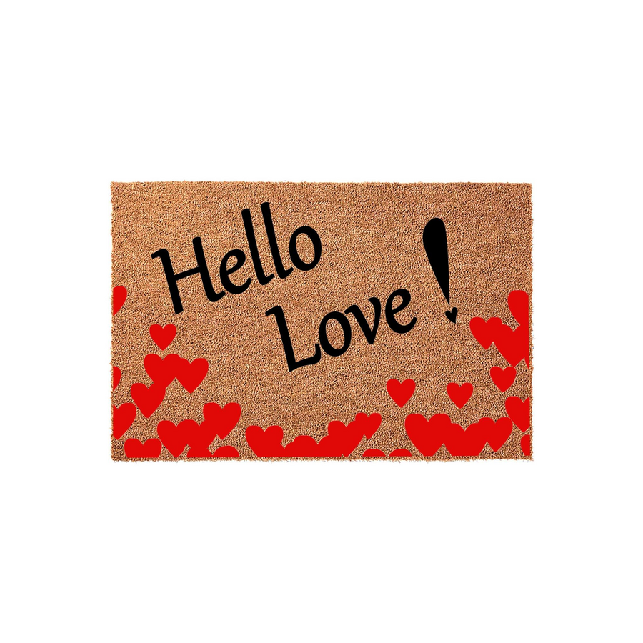 Hello Love doormat featuring a natural coir texture with bold black script text and a vibrant pattern of red hearts scattered across the bottom, creating a welcoming and romantic entryway decor piece for your home front porch.