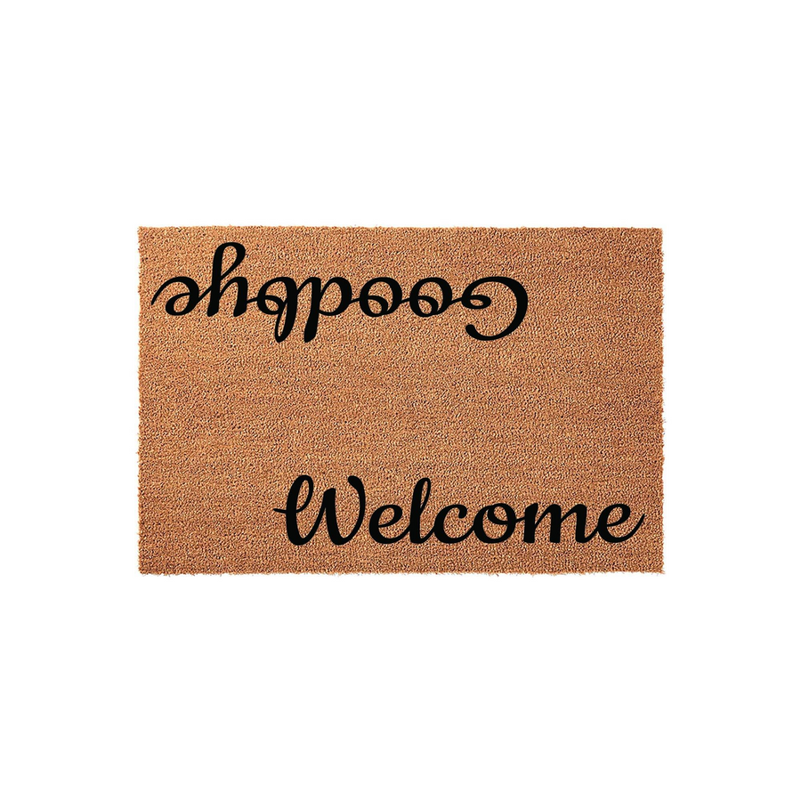 Reversible Welcome and Goodbye coir doormat featuring a natural tan fiber texture with bold black script lettering, designed to greet guests at the front door and offer a friendly farewell as they leave your home on a clean white