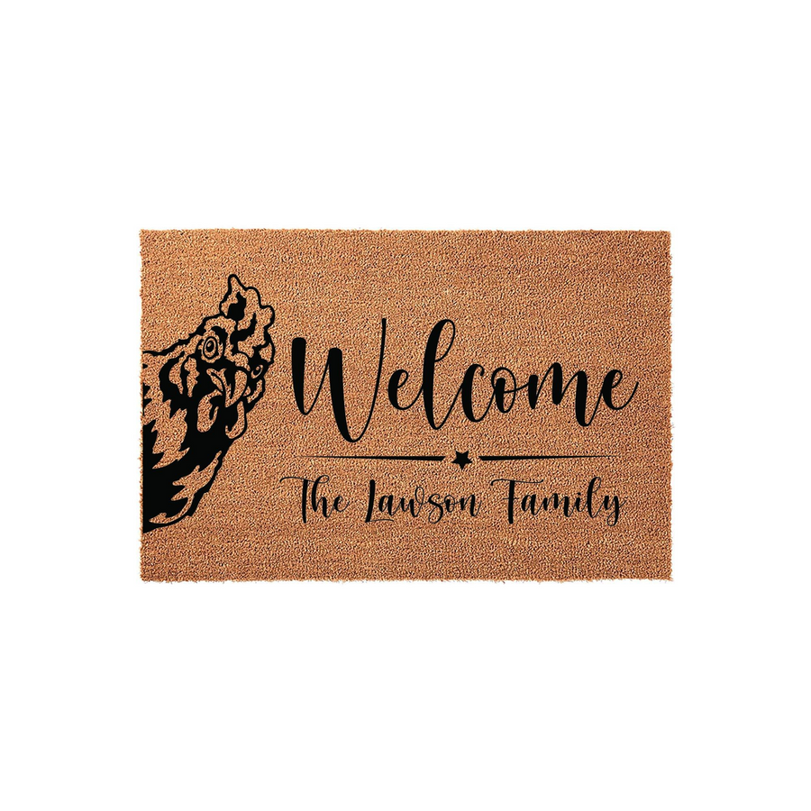 Personalized Chicken Welcome Doormat featuring a rustic coir texture, black printed text that says Welcome and a space for a family name, accented by a detailed silhouette of a chicken on the left side against a clean white