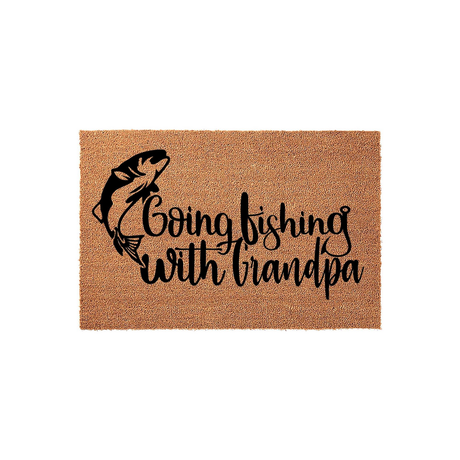 Going fishing with Grandpa coir doormat featuring a black graphic of a jumping fish and elegant script lettering on a natural brown textured fiber background, creating a fun outdoor-themed entrance piece for a fishing enthusiast